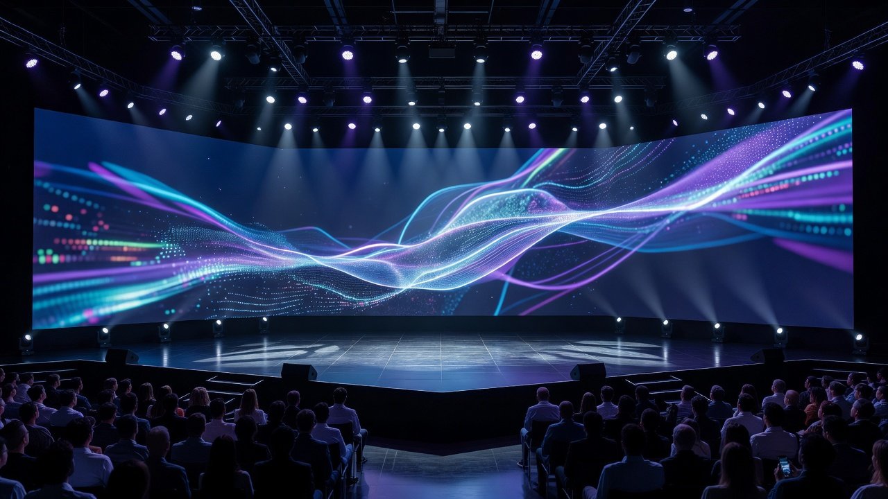 Large keynote stage with professional lighting rigs and LED backdrop before a product launch event