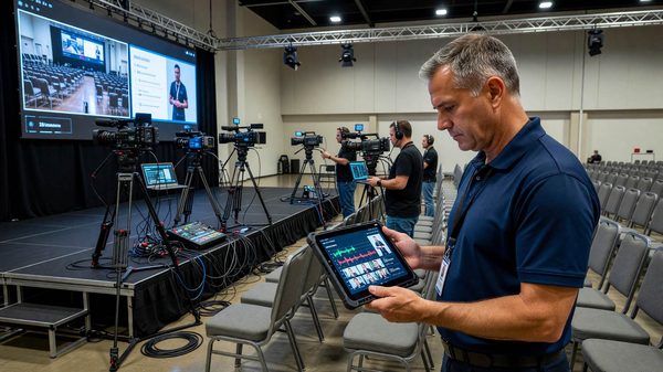 Conference organizer reviewing dual in-person and live remote attendance setup after reinstating hybrid production