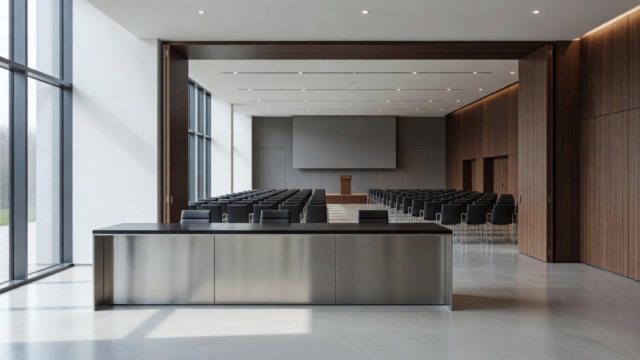 Modern European conference venue entrance with a registration desk and a large empty keynote hall in the background