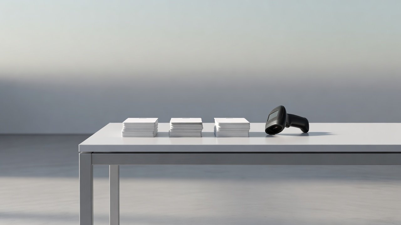 Empty conference registration desk with badge stock and a scanner under soft directional lighting