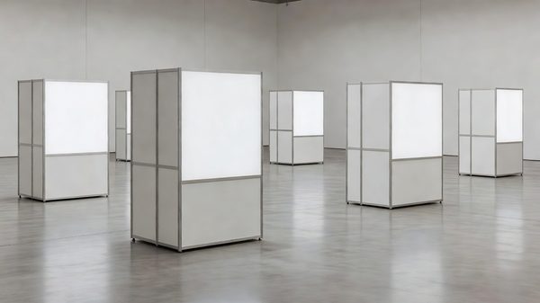 Modular exhibition stands in an open show hall with clean signage surfaces and diffuse overhead light