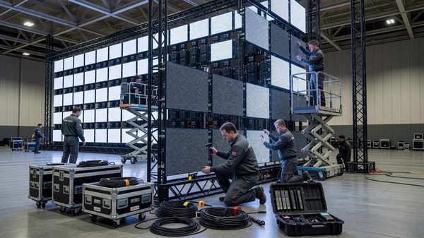 Large LED video wall being assembled for a conference main stage, illustrating the maturing rental equipment market