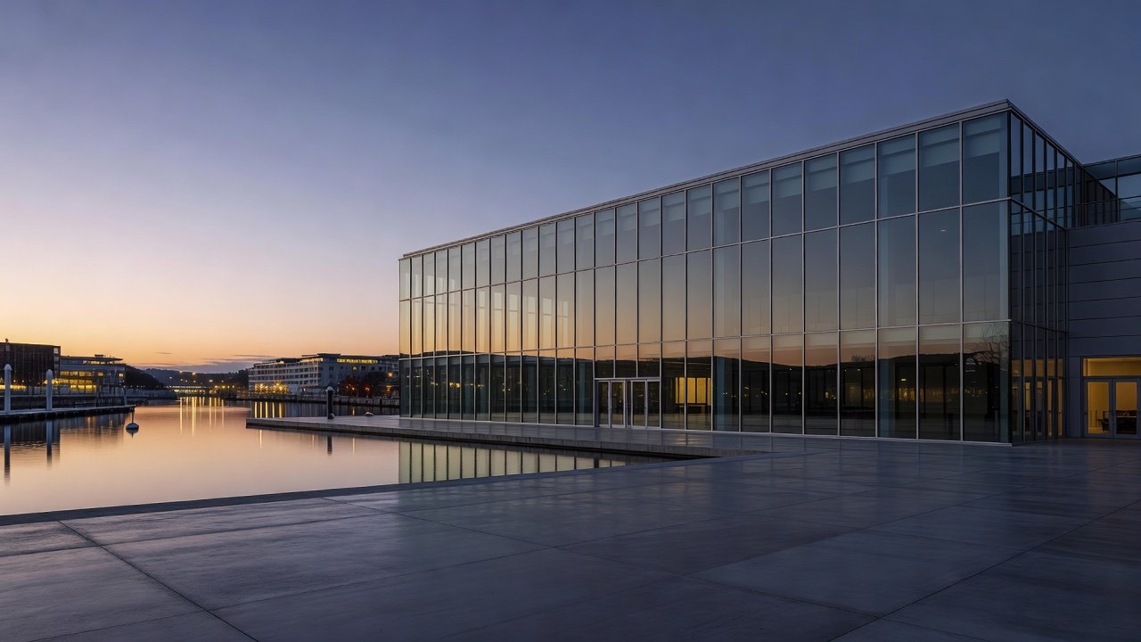 Waterfront convention centre at dusk with an empty plaza, suggesting an international conference venue in a harbour city