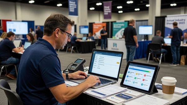 Exhibitor importing standardized lead-retrieval data into a CRM system across multiple trade show platforms